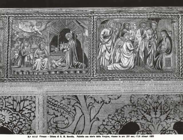 Alinari, Fratelli — Firenze - Chiesa di S. M. Novella. Paliotto con storie della Vergine, ricamo in oro (XV sec.) — particolare